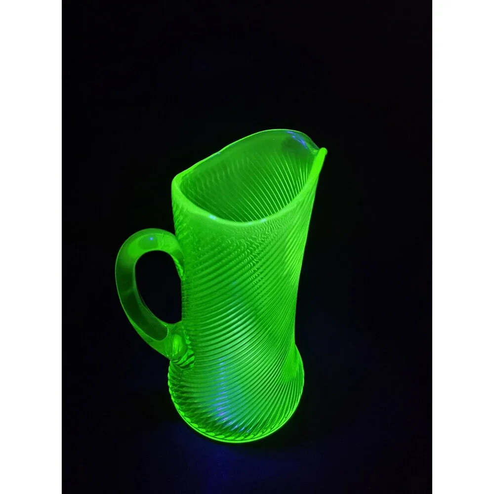 Antique Vintage Green Uranium Glass Pitcher – Diagonal Spiral Swirl Optic Ribbed